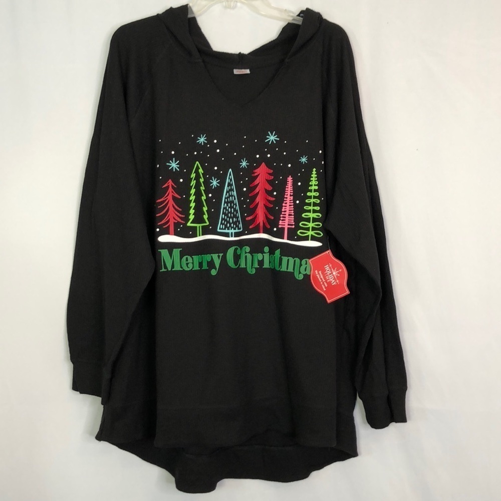 HOLIDAY TIME Waffled Hooded Tee Shirt Long Sleeve Black Size 2X (20W-22W)